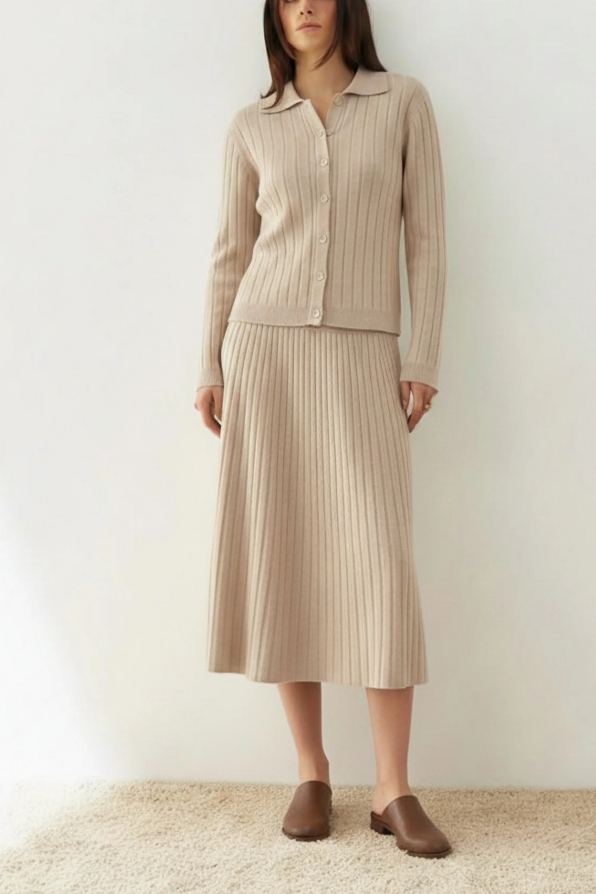 Latte Pleated Knit Skirt  Co-ord Set