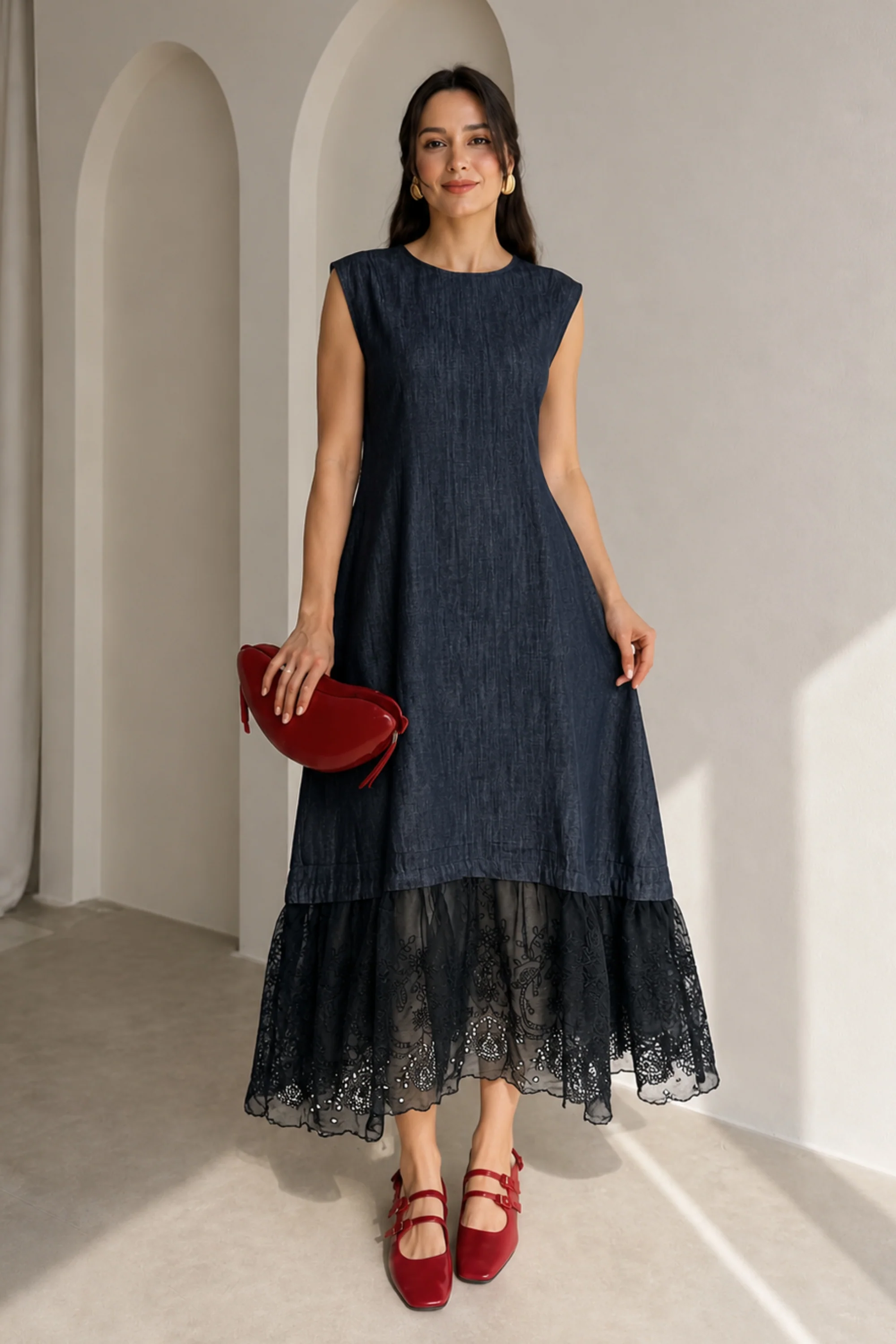 Indigo Denim Lace Hem Dress