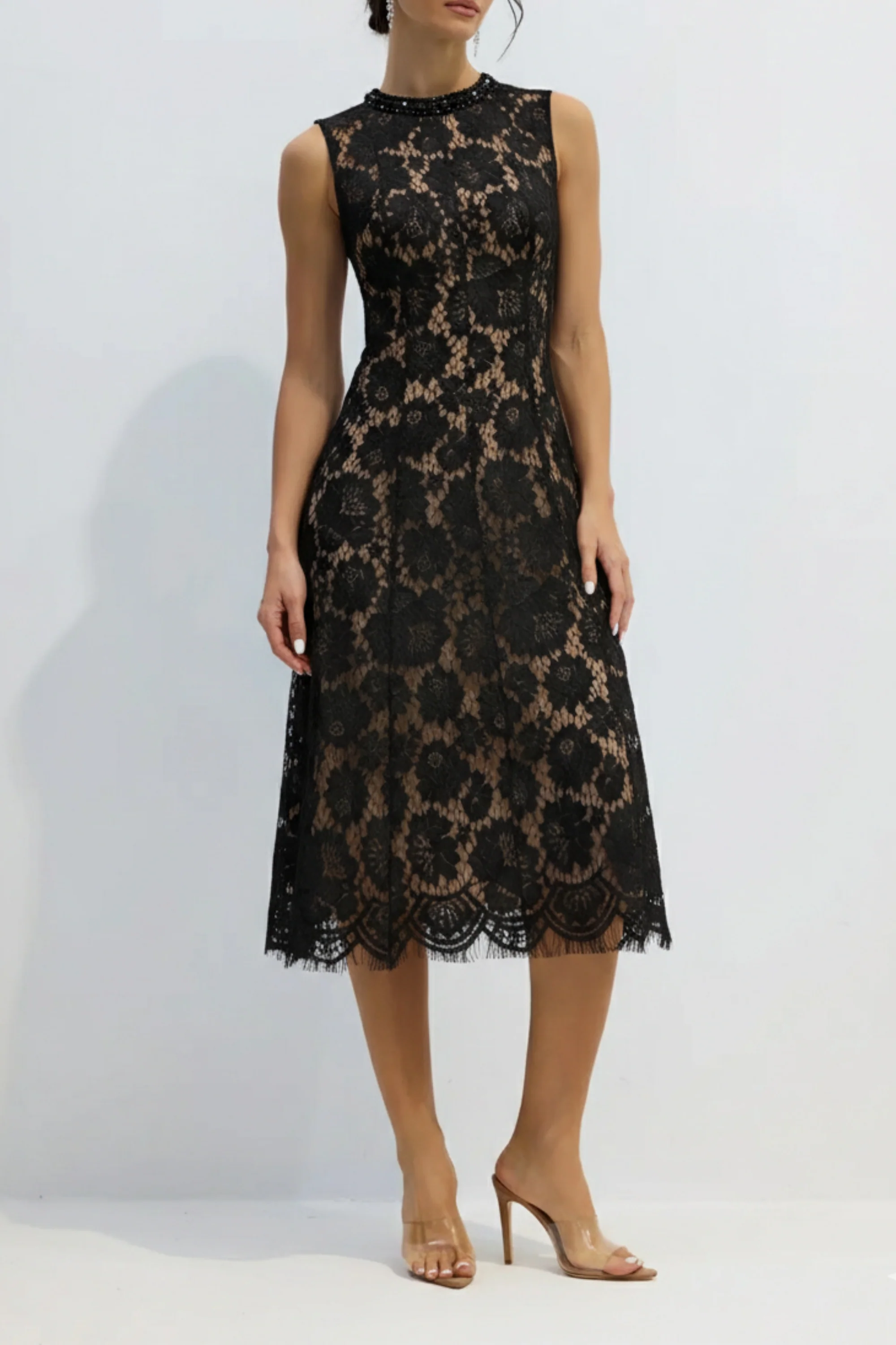 Noir Floral Lace Sleeveless Midi Dress