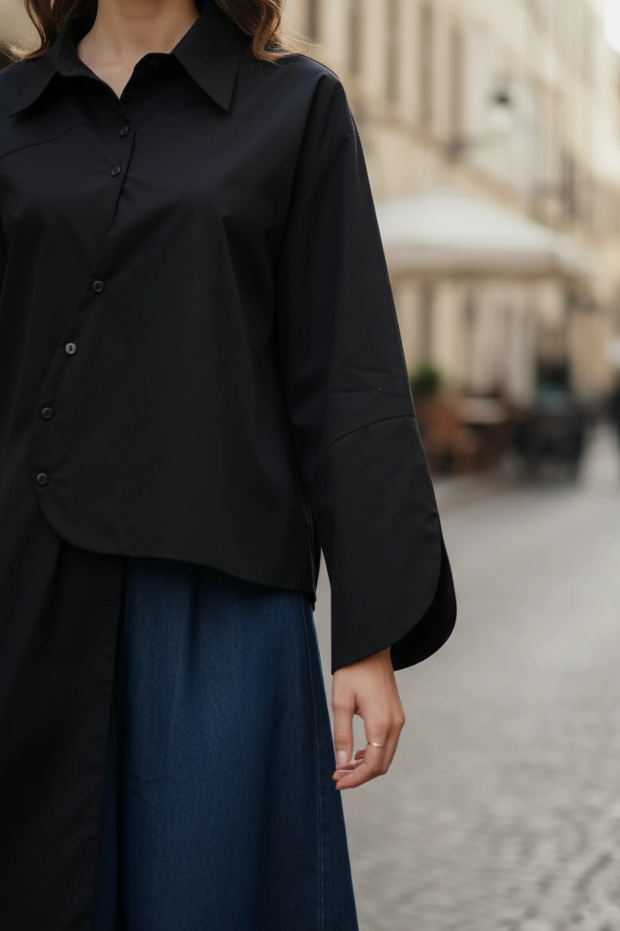 Black Asymmetrical Full-Sleeve Oversized Shirt
