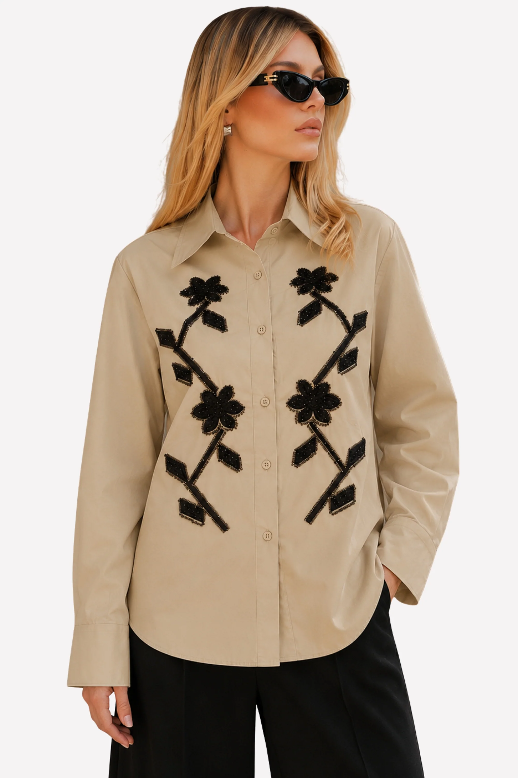 Beige Floral Embellished Shirt