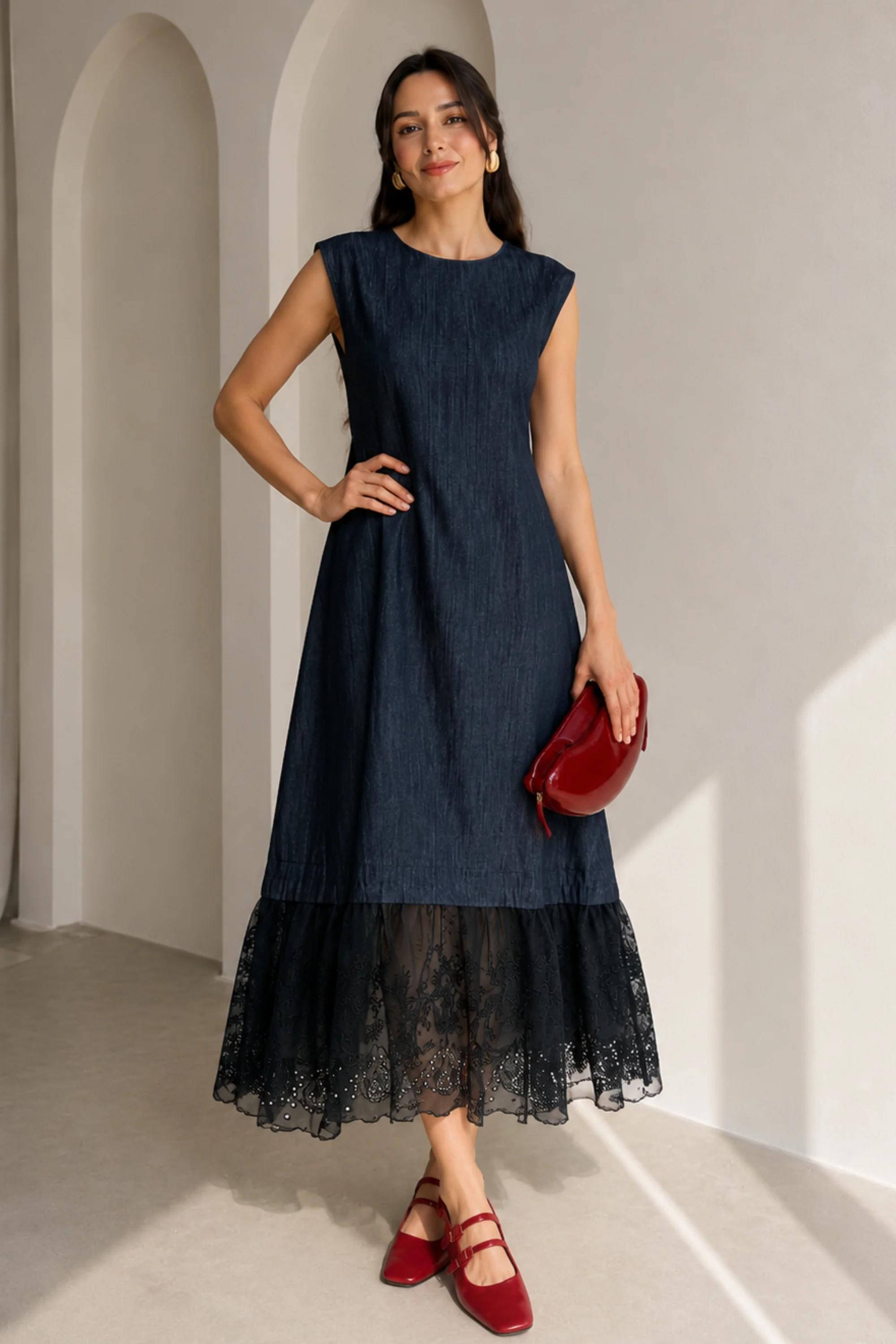 Indigo Denim Lace Hem Dress