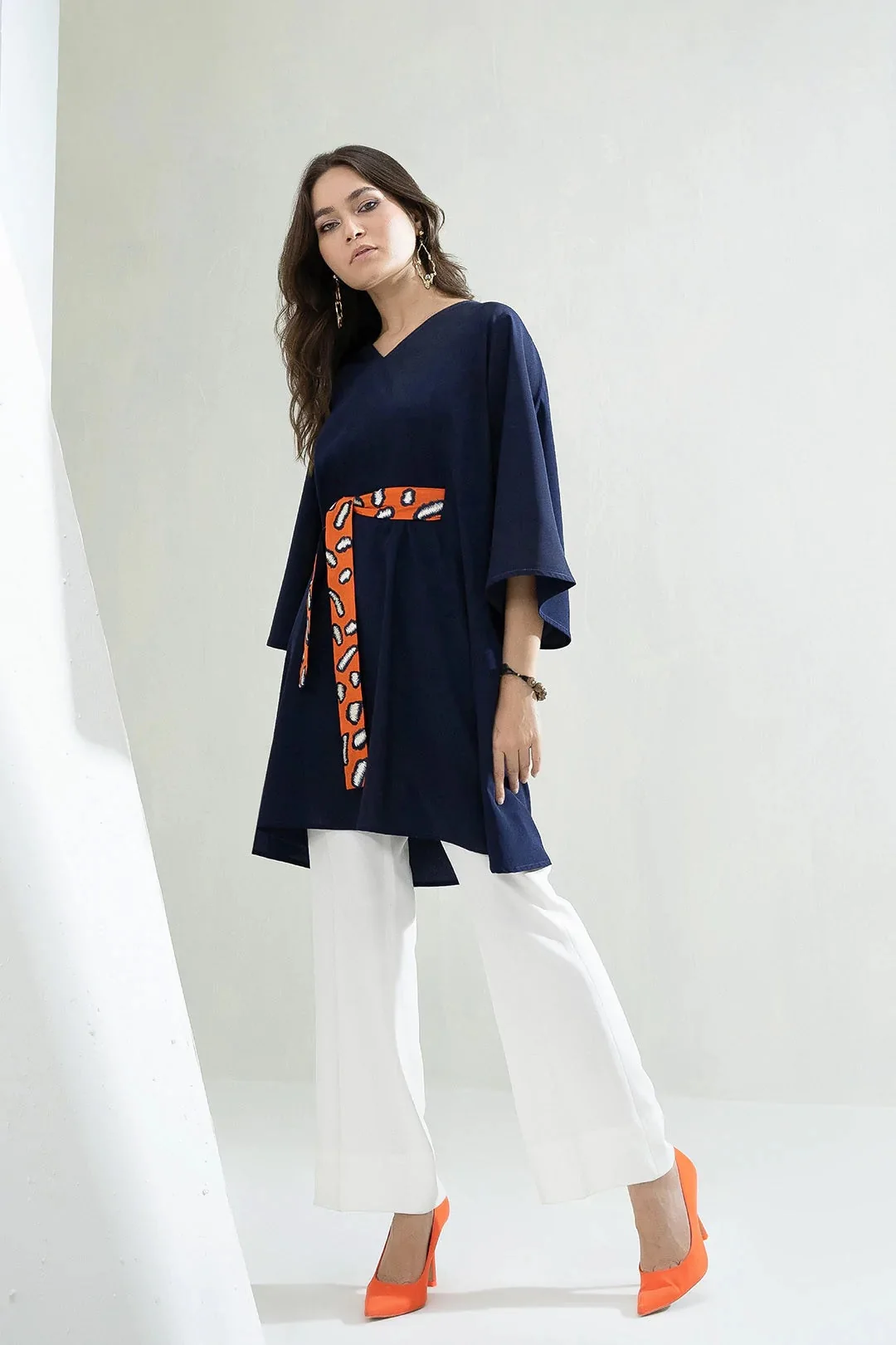 Navy Blue Coord Set with Orange Belt