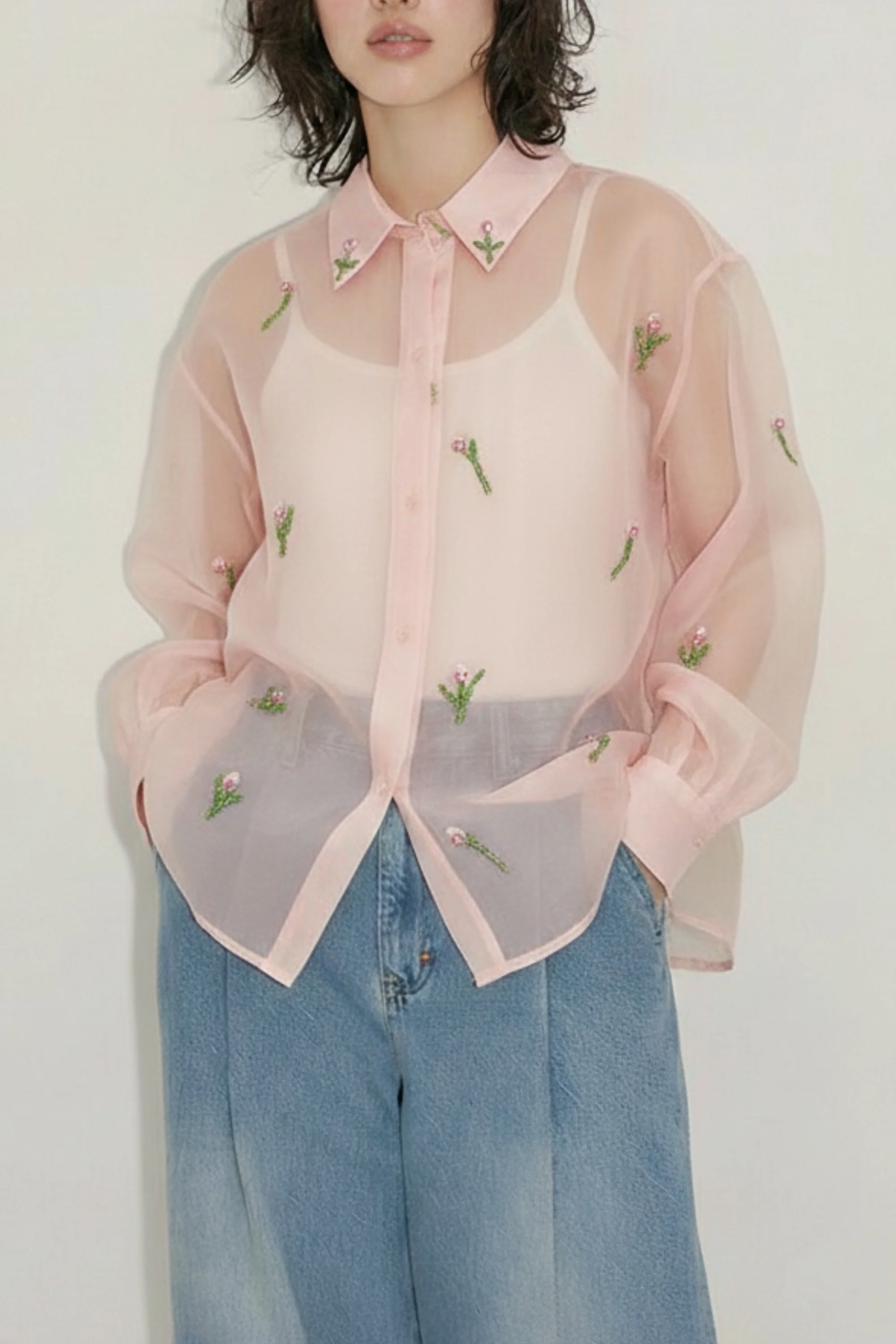 Pink Tissue Organza Embroidered Shirt