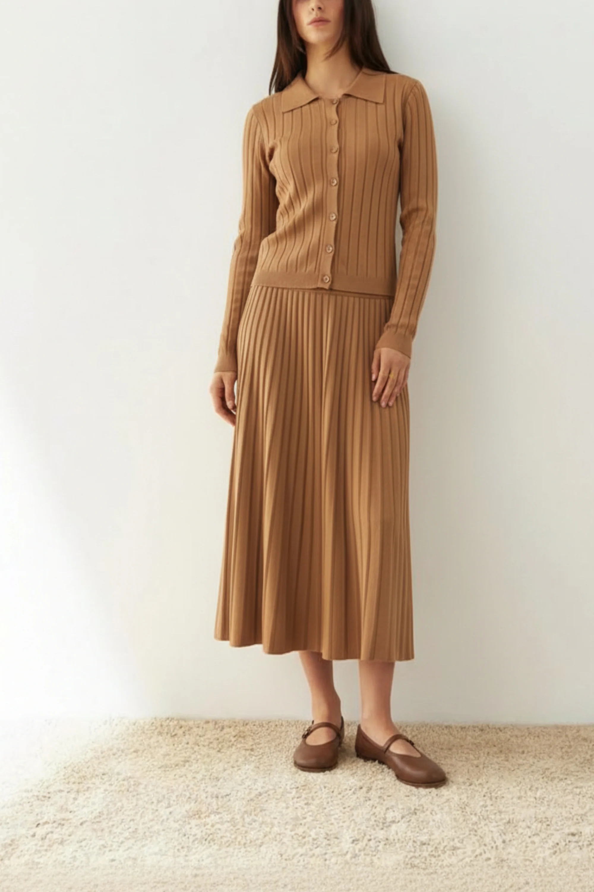 Cinnamon Pleated Knit Skirt Co-ord Set