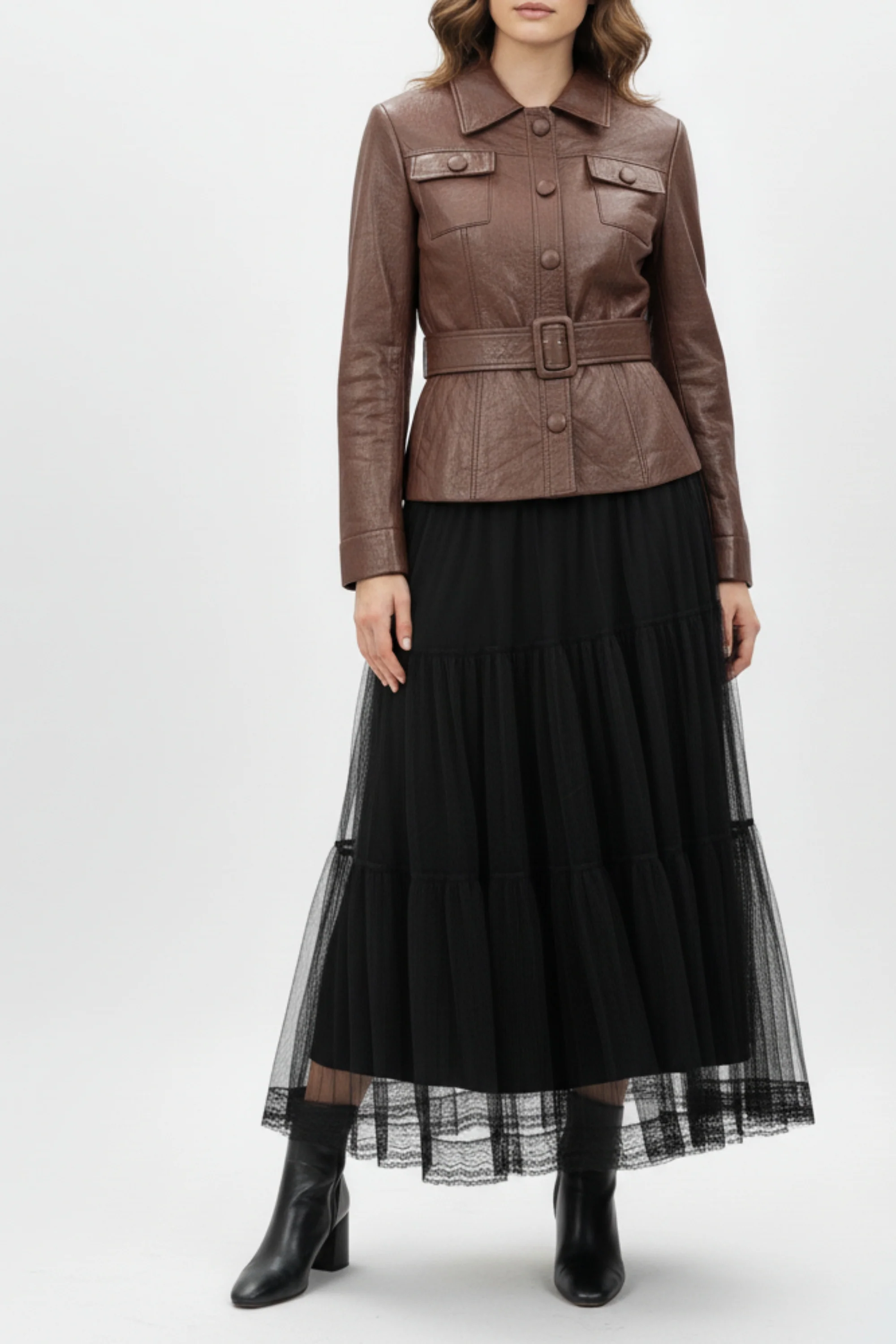 Brown Mist Leather Shirt & Mesh Skirt Co-ord Set