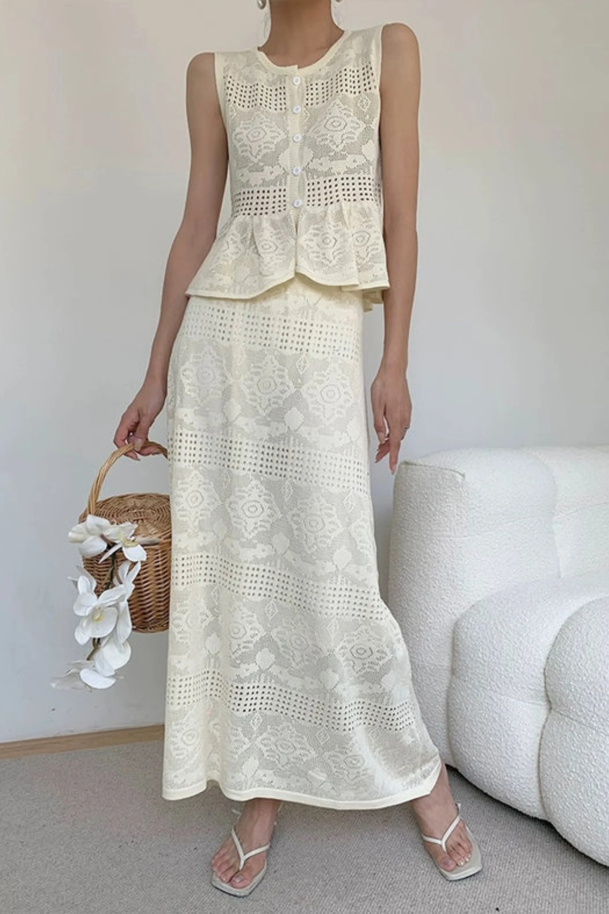 Ivory Crochet Knit Skirt Coord set