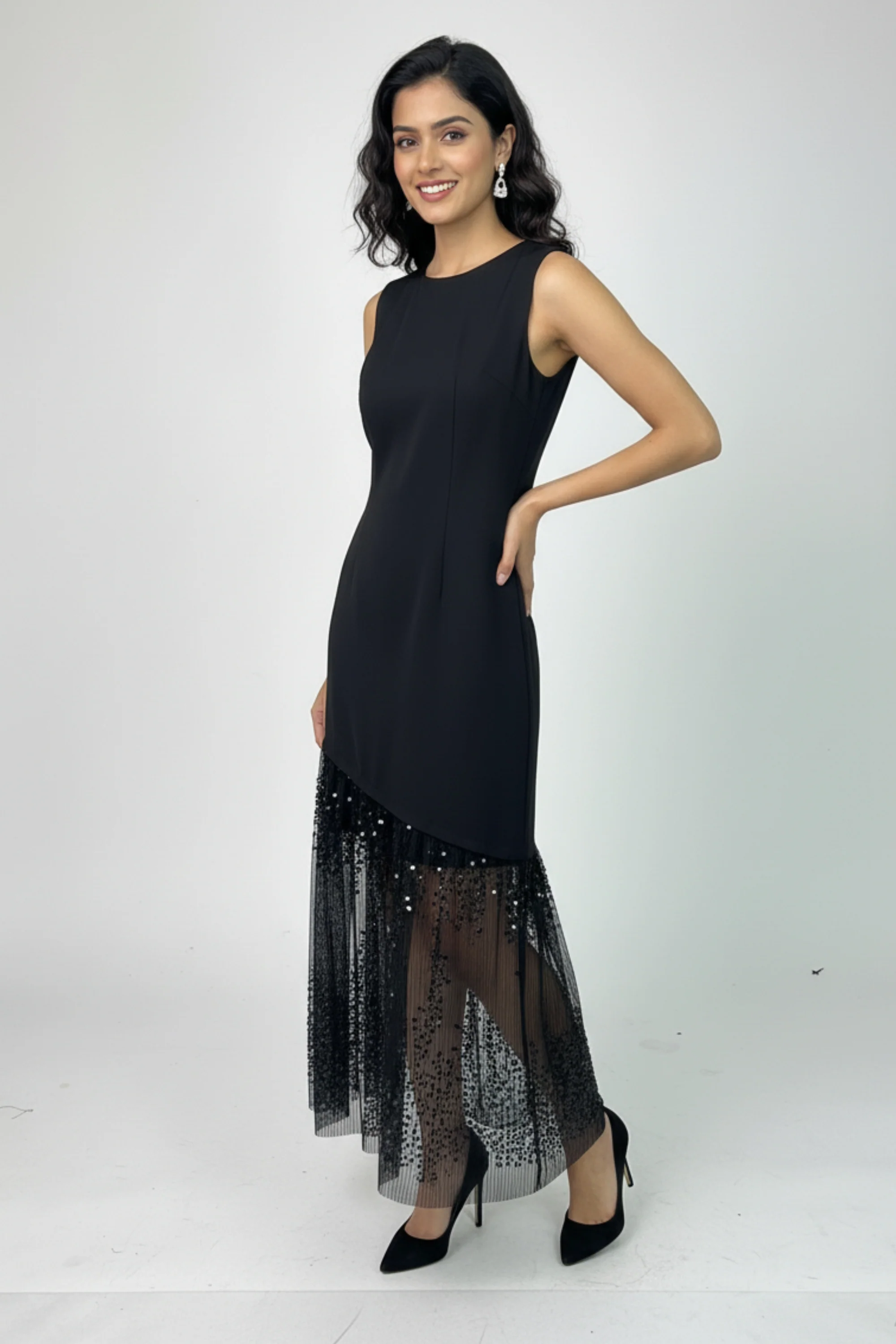 Black Lace & Sequin Midi Dress