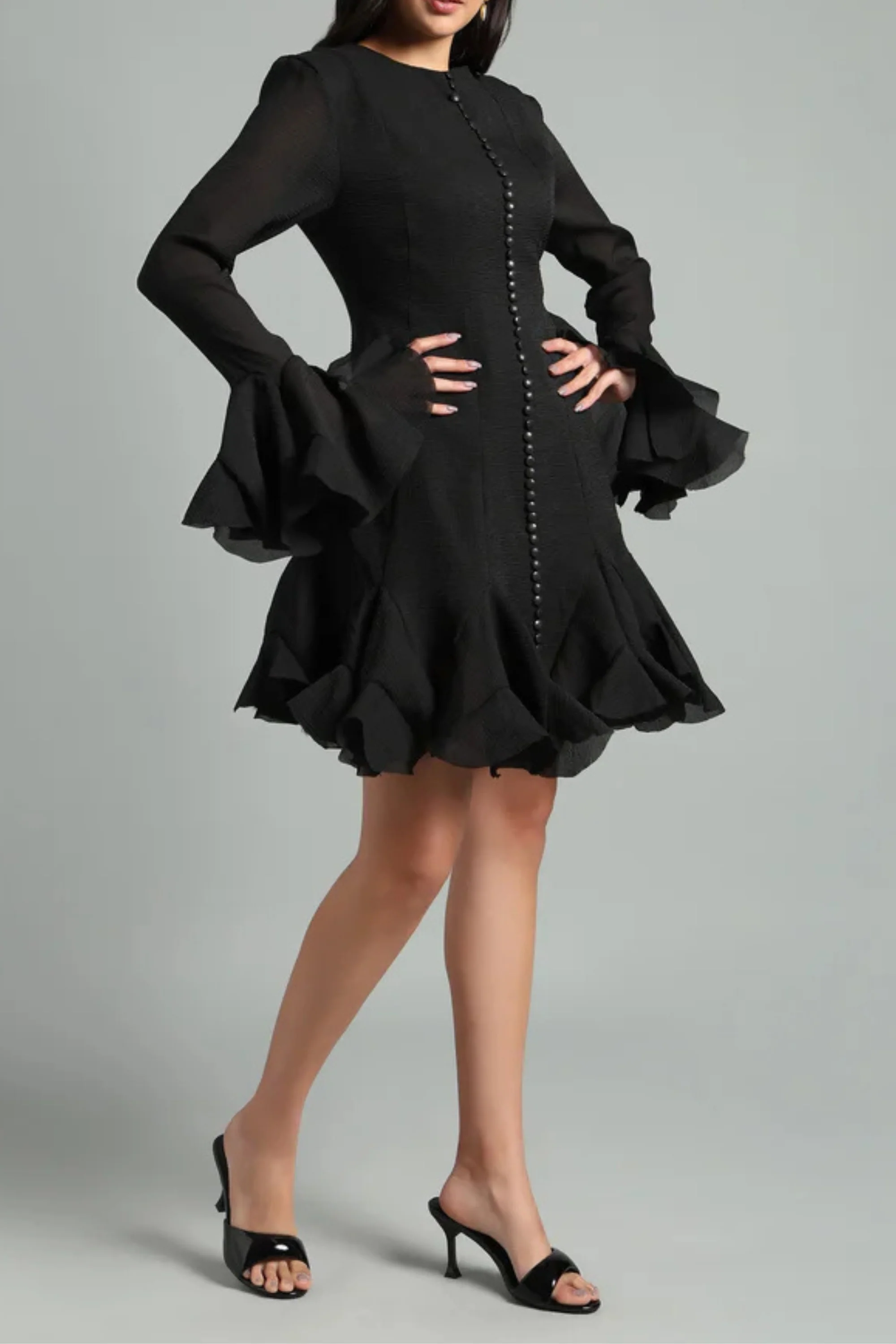 Black Godet Ruffled Dress